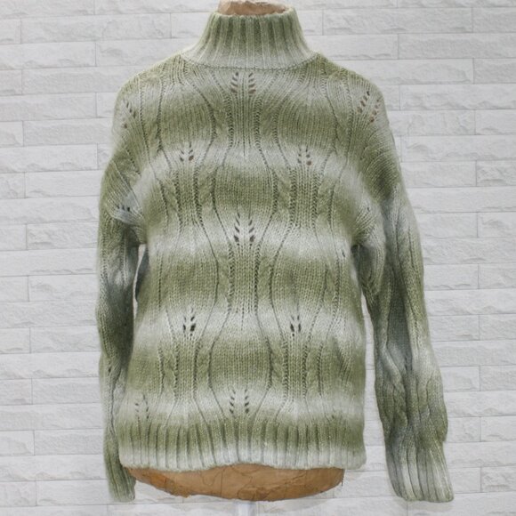 A.N.A. Sweater Cable Knit Green Ombre Stripe Mock Turtleneck Fuzzy Chunky Small - Picture 1 of 13
